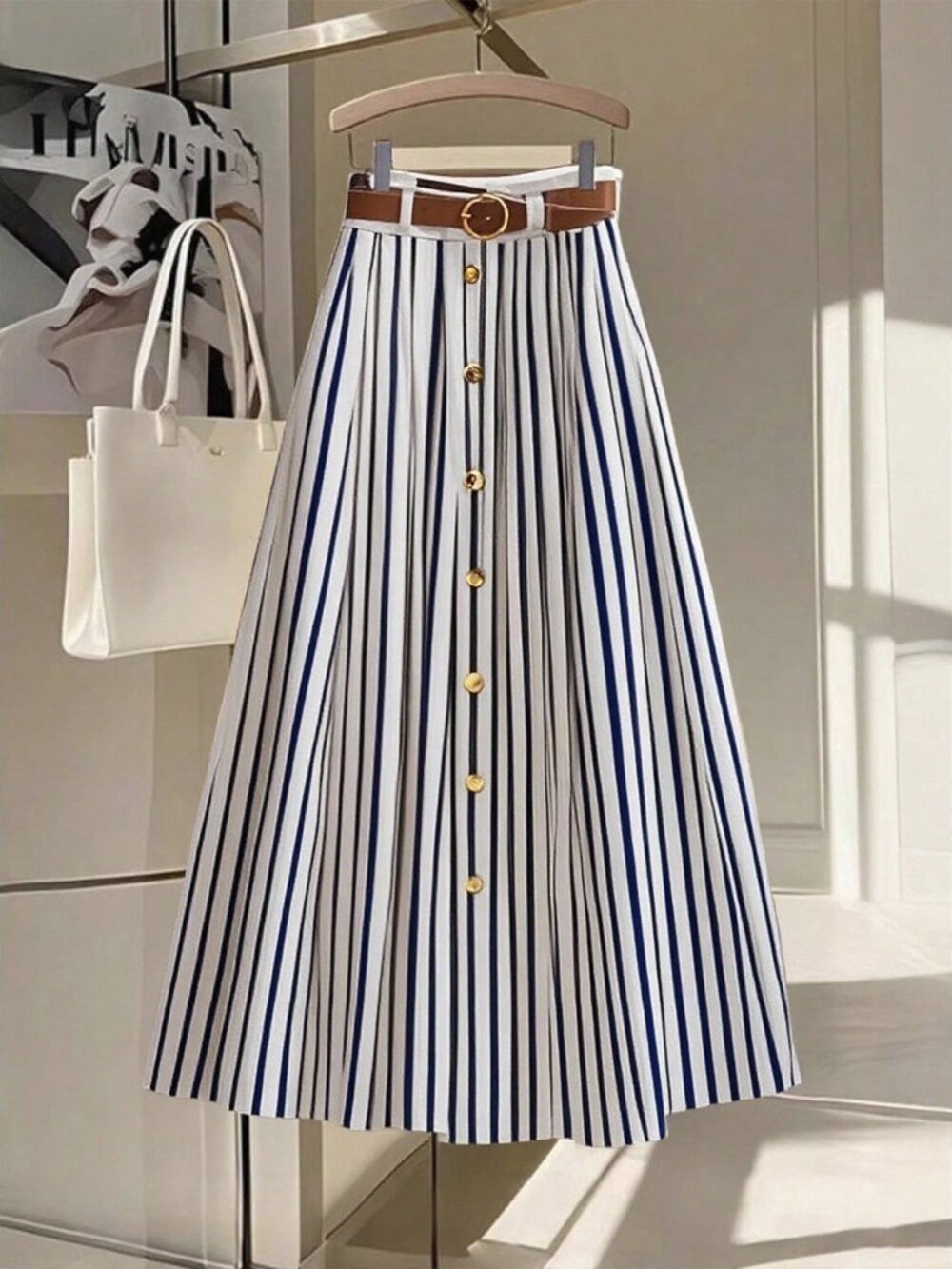 Navy Blue Casual Women's Elastic Waist Pleated Maxi Skirt With Faux Leather Belt - Picture 3 of 6